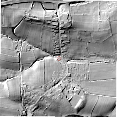 Shaded relief map of the ground around S427DR, computed from Environment Agency LiDAR. The ground here sits at about 130 m above sea level and falls 45 m across the surrounding 800 m. Surface water reaching this point runs off ground lying to the north-west, 34.1 m higher.