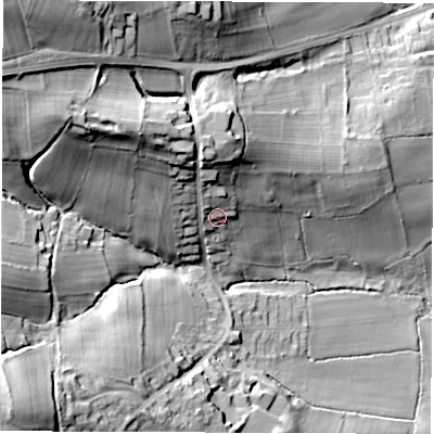 Shaded relief map of the ground around S427DS, computed from Environment Agency LiDAR. The ground here sits at about 135 m above sea level and falls 47 m across the surrounding 800 m. Surface water reaching this point runs off ground lying to the north-north-west, 13.1 m higher.