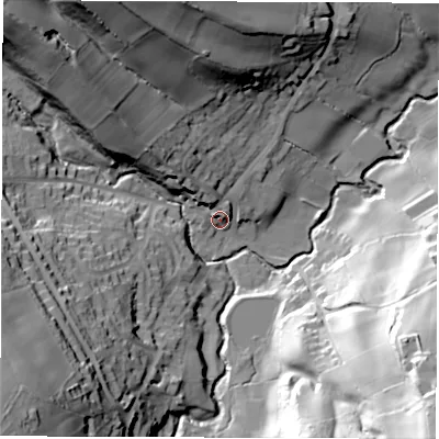 Shaded relief map of the ground around S427EF, computed from Environment Agency LiDAR. The ground here sits at about 138 m above sea level and falls 71 m across the surrounding 800 m. Surface water reaching this point runs off ground lying to the north-west, 11.2 m higher.
