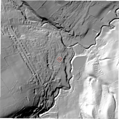 Shaded relief map of the ground around S427EN, computed from Environment Agency LiDAR. The ground here sits at about 143 m above sea level and falls 86 m across the surrounding 800 m. Surface water reaching this point runs off ground lying to the south-west, 60.6 m higher.