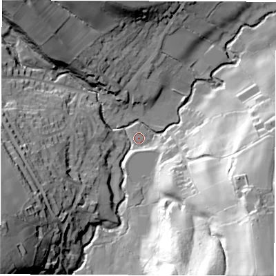 Shaded relief map of the ground around S427EQ, computed from Environment Agency LiDAR. The ground here sits at about 135 m above sea level and falls 80 m across the surrounding 800 m. Surface water reaching this point runs off ground lying to the south-east, 68.7 m higher.