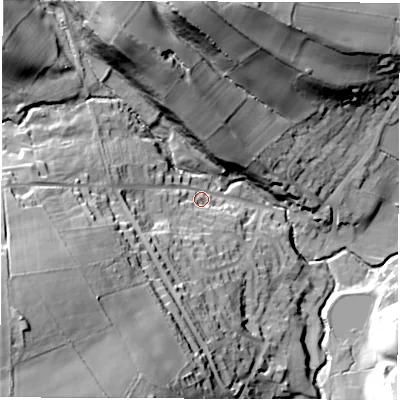 Shaded relief map of the ground around S427ET, computed from Environment Agency LiDAR. The ground here sits at about 144 m above sea level and falls 78 m across the surrounding 800 m. Surface water reaching this point runs off ground lying to the south-west, 67.8 m higher.