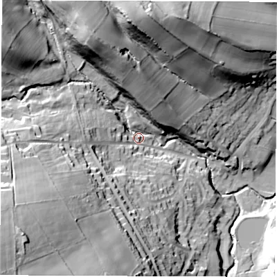 Shaded relief map of the ground around S427EU, computed from Environment Agency LiDAR. The ground here sits at about 144 m above sea level and falls 77 m across the surrounding 800 m. Surface water reaching this point runs off ground lying to the south-west, 63.4 m higher.