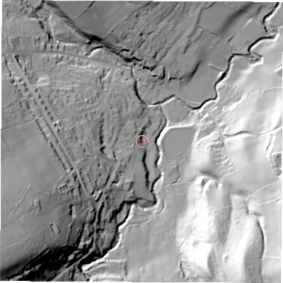 Shaded relief map of the ground around S427EW, computed from Environment Agency LiDAR. The ground here sits at about 139 m above sea level and falls 82 m across the surrounding 800 m. Surface water reaching this point runs off ground lying to the west-south-west, 61.8 m higher.