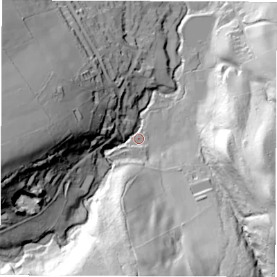 Shaded relief map of the ground around S427HU, computed from Environment Agency LiDAR. The ground here sits at about 149 m above sea level and falls 82 m across the surrounding 800 m. Surface water reaching this point runs off ground lying to the west, 70.3 m higher.