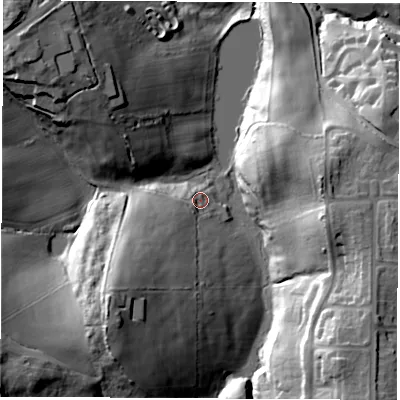 Shaded relief map of the ground around S431DQ, computed from Environment Agency LiDAR. The ground here sits at about 76 m above sea level and falls 52 m across the surrounding 800 m. Surface water reaching this point runs off ground lying to the south-west, 27.6 m higher.
