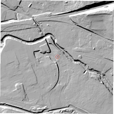 Shaded relief map of the ground around S432PE, computed from Environment Agency LiDAR. The ground here sits at about 57 m above sea level and falls 27 m across the surrounding 800 m. Surface water reaching this point runs off ground lying to the south-west, 7.7 m higher.