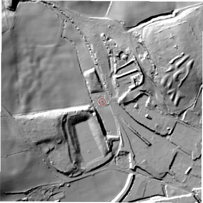 Shaded relief map of the ground around S432PP, computed from Environment Agency LiDAR. The ground here sits at about 63 m above sea level and falls 39 m across the surrounding 800 m. Surface water reaching this point runs off ground lying to the north, 3.3 m higher.
