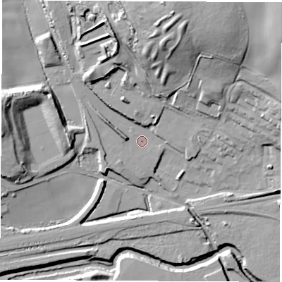 Shaded relief map of the ground around S432PR, computed from Environment Agency LiDAR. The ground here sits at about 61 m above sea level and falls 43 m across the surrounding 800 m. Surface water reaching this point runs off ground lying to the north-north-east, 32.8 m higher.