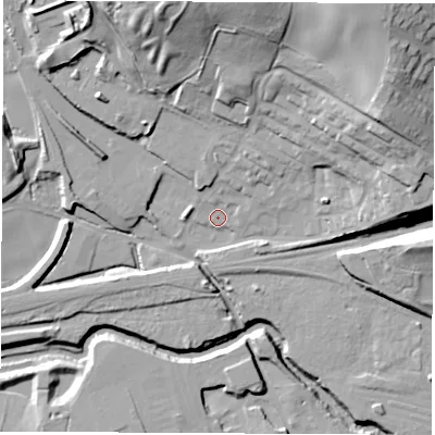 Shaded relief map of the ground around S432PT, computed from Environment Agency LiDAR. The ground here sits at about 60 m above sea level and falls 44 m across the surrounding 800 m. Surface water reaching this point runs off ground lying to the north-north-east, 6.6 m higher.