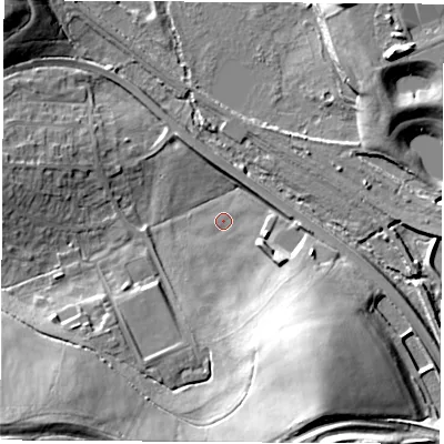 Shaded relief map of the ground around S433FR, computed from Environment Agency LiDAR. The ground here sits at about 51 m above sea level and falls 30 m across the surrounding 800 m. Surface water reaching this point runs off ground lying to the south-west, 24.2 m higher.
