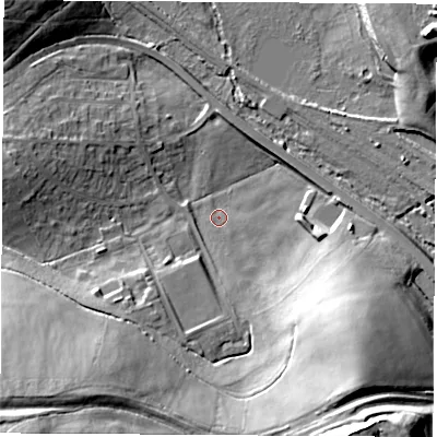 Shaded relief map of the ground around S433FS, computed from Environment Agency LiDAR. The ground here sits at about 51 m above sea level and falls 37 m across the surrounding 800 m. Surface water reaching this point runs off ground lying to the south-west, 6.1 m higher.