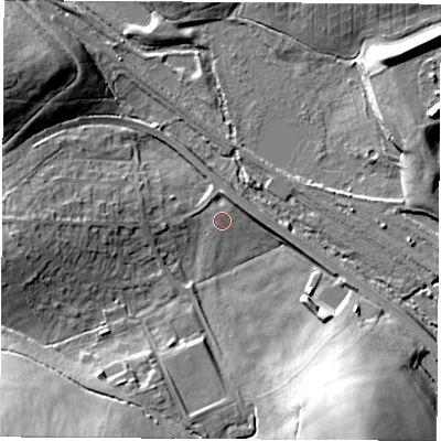 Shaded relief map of the ground around S433FX, computed from Environment Agency LiDAR. The ground here sits at about 52 m above sea level and falls 26 m across the surrounding 800 m. Surface water reaching this point runs off ground lying to the south-west, 24.7 m higher.