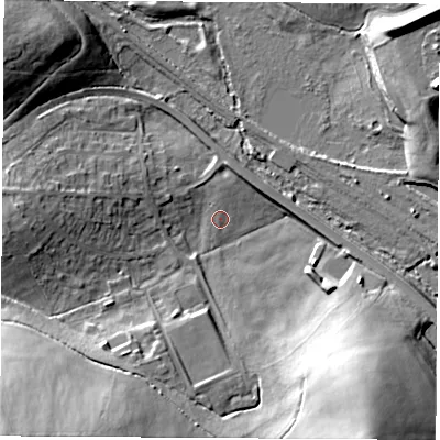 Shaded relief map of the ground around S433FY, computed from Environment Agency LiDAR. The ground here sits at about 51 m above sea level and falls 31 m across the surrounding 800 m. Surface water reaching this point runs off ground lying to the south-south-west, 22.7 m higher.