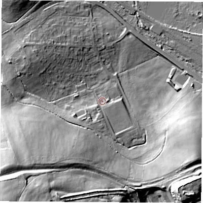 Shaded relief map of the ground around S433LP, computed from Environment Agency LiDAR. The ground here sits at about 54 m above sea level and falls 49 m across the surrounding 800 m. Surface water reaching this point runs off ground lying to the south-west, 23.4 m higher.