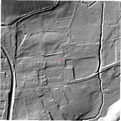 Shaded relief map of the ground around S433UG, computed from Environment Agency LiDAR. The ground here sits at about 51 m above sea level and falls 17 m across the surrounding 800 m. Surface water reaching this point runs off ground lying to the south-west, 1.2 m higher.
