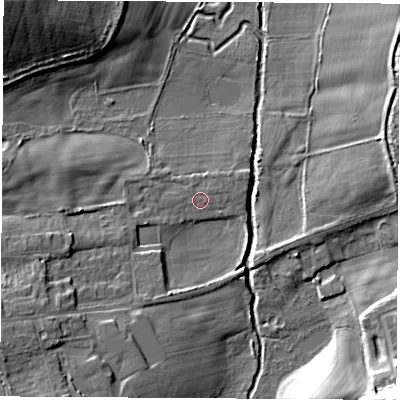 Shaded relief map of the ground around S433UH, computed from Environment Agency LiDAR. The ground here sits at about 49 m above sea level and falls 20 m across the surrounding 800 m. Surface water reaching this point runs off ground lying to the south-west, 10.6 m higher.