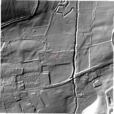 Shaded relief map of the ground around S433UQ, computed from Environment Agency LiDAR. The ground here sits at about 49 m above sea level and falls 18 m across the surrounding 800 m. Surface water reaching this point runs off ground lying to the south-west, 10.8 m higher.