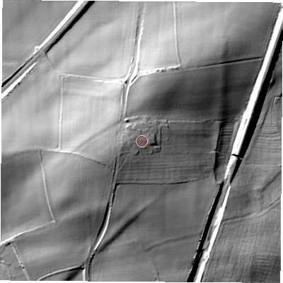 Shaded relief map of the ground around S433YG, computed from Environment Agency LiDAR. The ground here sits at about 76 m above sea level and falls 35 m across the surrounding 800 m. Surface water reaching this point runs off ground lying to the west, 3.2 m higher.