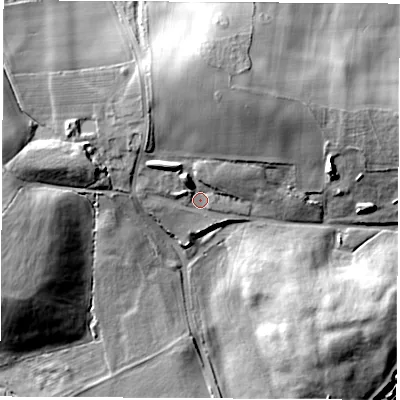 Shaded relief map of the ground around S433YQ, computed from Environment Agency LiDAR. The ground here sits at about 63 m above sea level and falls 33 m across the surrounding 800 m. Surface water reaching this point runs off ground lying to the north, 15.1 m higher.