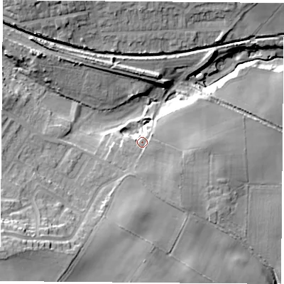 Shaded relief map of the ground around S434AX, computed from Environment Agency LiDAR. The ground here sits at about 122 m above sea level and falls 26 m across the surrounding 800 m. Surface water reaching this point runs off ground lying to the south, 1.8 m higher.