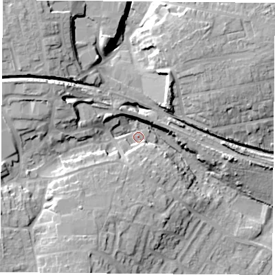 Shaded relief map of the ground around S434GP, computed from Environment Agency LiDAR. The ground here sits at about 124 m above sea level and falls 24 m across the surrounding 800 m. Surface water reaching this point runs off ground lying to the west-north-west, 15.6 m higher.