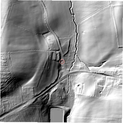 Shaded relief map of the ground around S445JF, computed from Environment Agency LiDAR. The ground here sits at about 68 m above sea level and falls 35 m across the surrounding 800 m. Surface water reaching this point runs off ground lying to the west, 32.2 m higher.