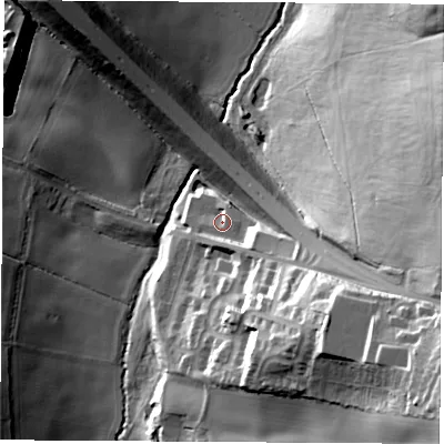 Shaded relief map of the ground around S445NY, computed from Environment Agency LiDAR. The ground here sits at about 90 m above sea level and falls 54 m across the surrounding 800 m. Surface water reaching this point runs off ground lying to the east-south-east, 14.1 m higher.