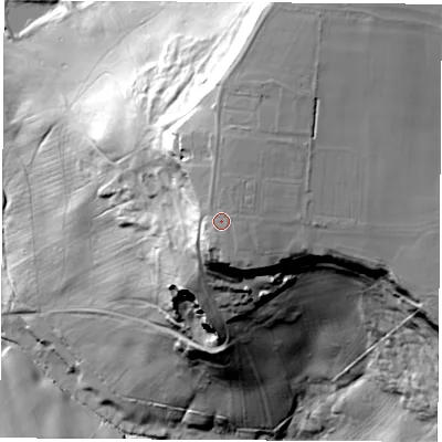 Shaded relief map of the ground around S445QJ, computed from Environment Agency LiDAR. The ground here sits at about 177 m above sea level and falls 70 m across the surrounding 800 m. Surface water reaching this point runs off ground lying to the north, 1.5 m higher.