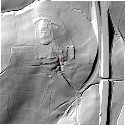 Shaded relief map of the ground around S445RN, computed from Environment Agency LiDAR. The ground here sits at about 115 m above sea level and falls 51 m across the surrounding 800 m. Surface water reaching this point runs off ground lying to the north-west, 11.9 m higher.