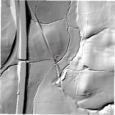 Shaded relief map of the ground around S445RW, computed from Environment Agency LiDAR. The ground here sits at about 92 m above sea level and falls 45 m across the surrounding 800 m. Surface water reaching this point runs off ground lying to the north-west, 5.2 m higher.
