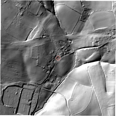 Shaded relief map of the ground around S445UY, computed from Environment Agency LiDAR. The ground here sits at about 112 m above sea level and falls 44 m across the surrounding 800 m. Surface water reaching this point runs off ground lying to the north-west, 12.7 m higher.