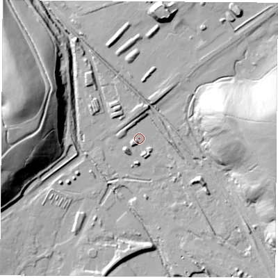 Shaded relief map of the ground around S446AE, computed from Environment Agency LiDAR. The ground here sits at about 64 m above sea level and falls 45 m across the surrounding 800 m. Surface water reaching this point runs off ground lying to the east-south-east, 27.3 m higher.