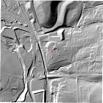 Shaded relief map of the ground around S446BB, computed from Environment Agency LiDAR. The ground here sits at about 84 m above sea level and falls 44 m across the surrounding 800 m. Surface water reaching this point runs off ground lying to the east-north-east, 3.9 m higher.