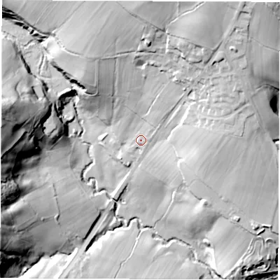 Shaded relief map of the ground around S450DZ, computed from Environment Agency LiDAR. The ground here sits at about 182 m above sea level and falls 50 m across the surrounding 800 m. Surface water reaching this point runs off ground lying to the north-east, 27.1 m higher.