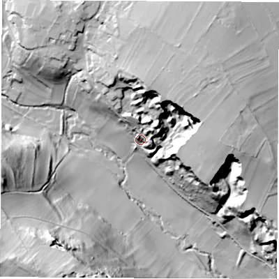 Shaded relief map of the ground around S450ER, computed from Environment Agency LiDAR. The ground here sits at about 167 m above sea level and falls 73 m across the surrounding 800 m. Surface water reaching this point runs off ground lying to the north-east, 20.4 m higher.