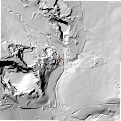 Shaded relief map of the ground around S450EY, computed from Environment Agency LiDAR. The ground here sits at about 141 m above sea level and falls 73 m across the surrounding 800 m. Surface water reaching this point runs off ground lying to the west, 20.2 m higher.