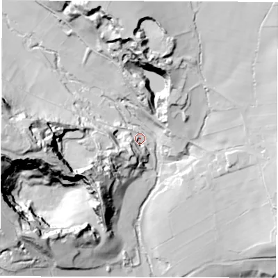 Shaded relief map of the ground around S450FB, computed from Environment Agency LiDAR. The ground here sits at about 142 m above sea level and falls 70 m across the surrounding 800 m. Surface water reaching this point runs off ground lying to the west, 64.7 m higher.