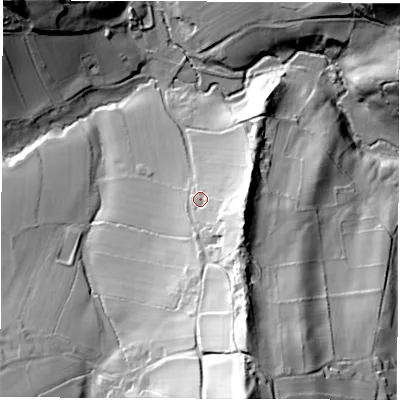 Shaded relief map of the ground around S450HA, computed from Environment Agency LiDAR. The ground here sits at about 153 m above sea level and falls 74 m across the surrounding 800 m. Surface water reaching this point runs off ground lying to the south-south-east, 31.6 m higher.