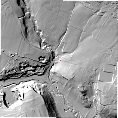 Shaded relief map of the ground around S450HW, computed from Environment Agency LiDAR. The ground here sits at about 166 m above sea level and falls 56 m across the surrounding 800 m. Surface water reaching this point runs off ground lying to the north-east, 44.5 m higher.