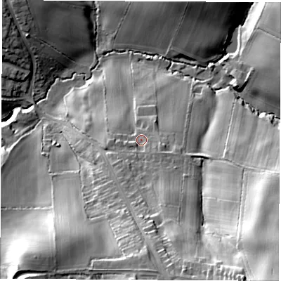Shaded relief map of the ground around S458DQ, computed from Environment Agency LiDAR. The ground here sits at about 118 m above sea level and falls 46 m across the surrounding 800 m. Surface water reaching this point runs off ground lying to the south-east, 3.8 m higher.