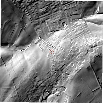 Shaded relief map of the ground around S458EH, computed from Environment Agency LiDAR. The ground here sits at about 146 m above sea level and falls 24 m across the surrounding 800 m. Surface water reaching this point runs off ground lying to the east, 7.8 m higher.
