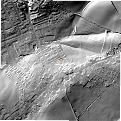 Shaded relief map of the ground around S458HA, computed from Environment Agency LiDAR. The ground here sits at about 149 m above sea level and falls 30 m across the surrounding 800 m. Surface water reaching this point runs off ground lying to the south-south-east, 7.7 m higher.