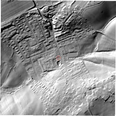 Shaded relief map of the ground around S458HE, computed from Environment Agency LiDAR. The ground here sits at about 144 m above sea level and falls 39 m across the surrounding 800 m. Surface water reaching this point runs off ground lying to the north-north-east, 26.2 m higher.