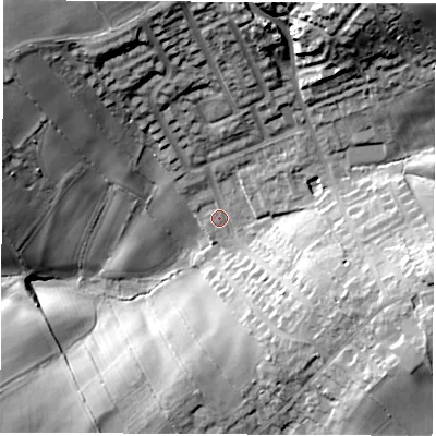 Shaded relief map of the ground around S458HT, computed from Environment Agency LiDAR. The ground here sits at about 140 m above sea level and falls 33 m across the surrounding 800 m. Surface water reaching this point runs off ground lying to the north, 19.5 m higher.