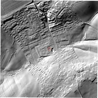 Shaded relief map of the ground around S458JE, computed from Environment Agency LiDAR. The ground here sits at about 143 m above sea level and falls 37 m across the surrounding 800 m. Surface water reaching this point runs off ground lying to the north, 1.5 m higher.