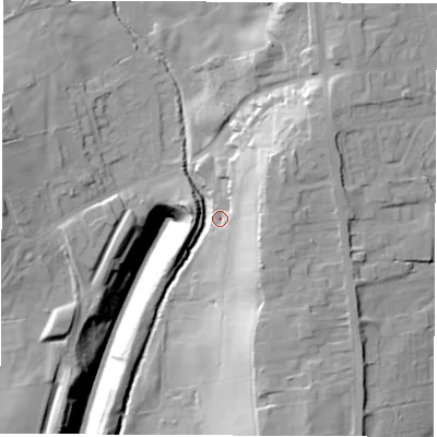 Shaded relief map of the ground around S459AN, computed from Environment Agency LiDAR. The ground here sits at about 127 m above sea level and falls 41 m across the surrounding 800 m. Surface water reaching this point runs off ground lying to the north-east, 24.0 m higher.