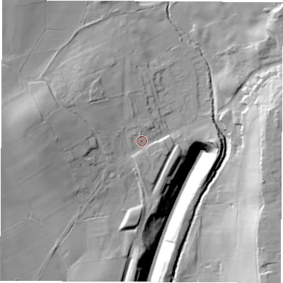 Shaded relief map of the ground around S459AW, computed from Environment Agency LiDAR. The ground here sits at about 125 m above sea level and falls 41 m across the surrounding 800 m. Surface water reaching this point runs off ground lying to the west-north-west, 11.1 m higher.