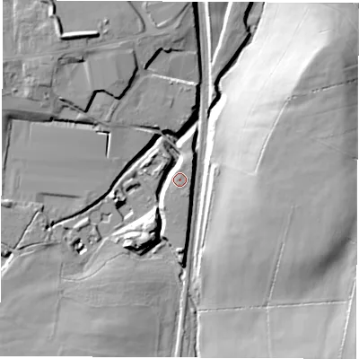 Shaded relief map of the ground around S459BQ, computed from Environment Agency LiDAR. The ground here sits at about 115 m above sea level and falls 27 m across the surrounding 800 m. Surface water reaching this point runs off ground lying to the north-west, 14.4 m higher.