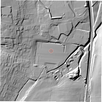 Shaded relief map of the ground around S459BX, computed from Environment Agency LiDAR. The ground here sits at about 114 m above sea level and falls 26 m across the surrounding 800 m. Surface water reaching this point runs off ground lying to the north-east, 1.2 m higher.